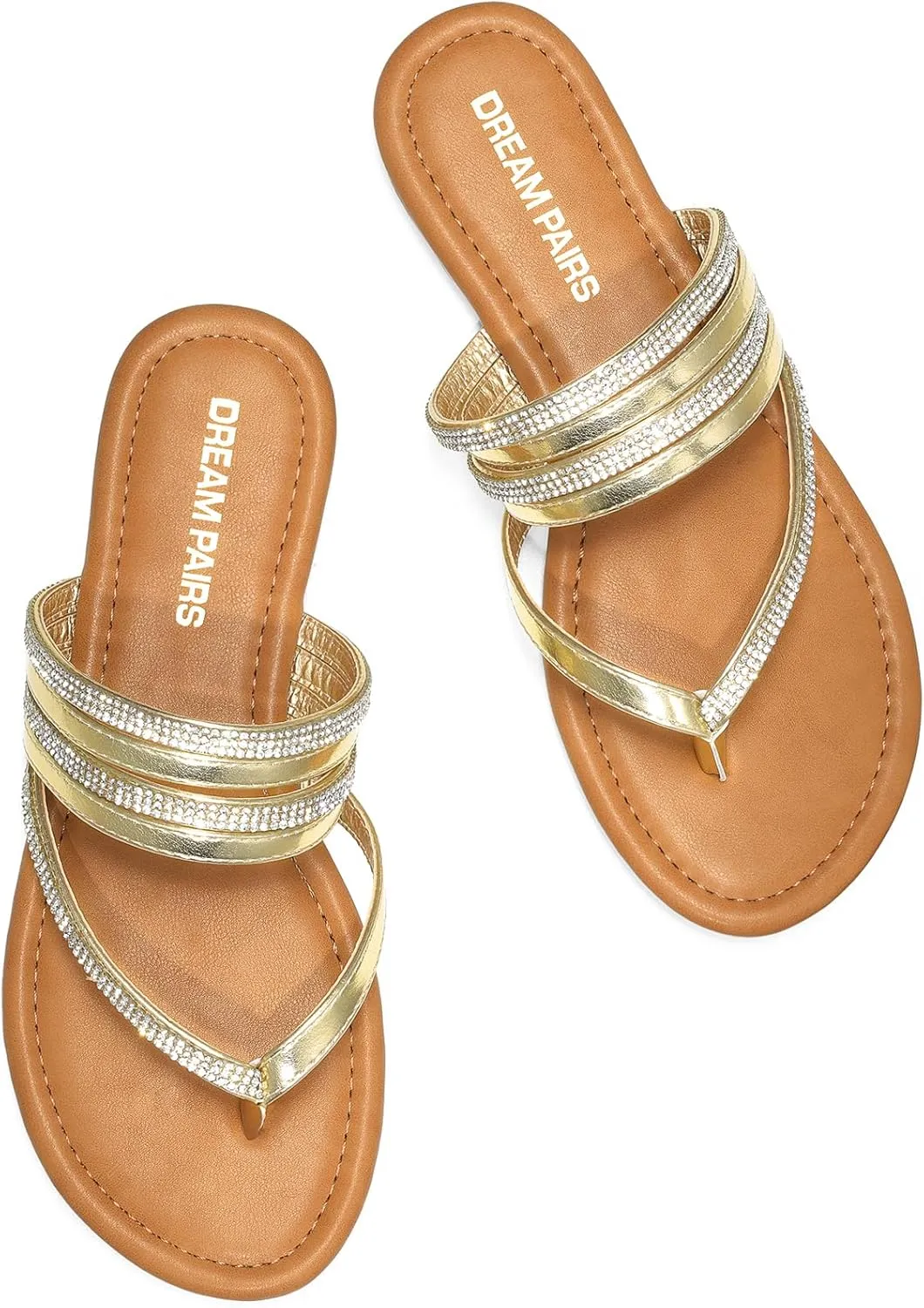 DREAM PAIRS Women's Sparkly Flip Flops Round Toe Multi Strap lightweight Summer Beach Flat Casual Thong Sandals