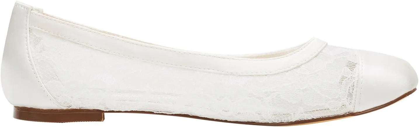 Emily Bridal Lace Wedding Shoes Flat Ivory Pumps Round Slip-on Bridal Shoes