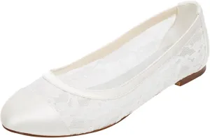Emily Bridal Lace Wedding Shoes Flat Ivory Pumps Round Slip-on Bridal Shoes