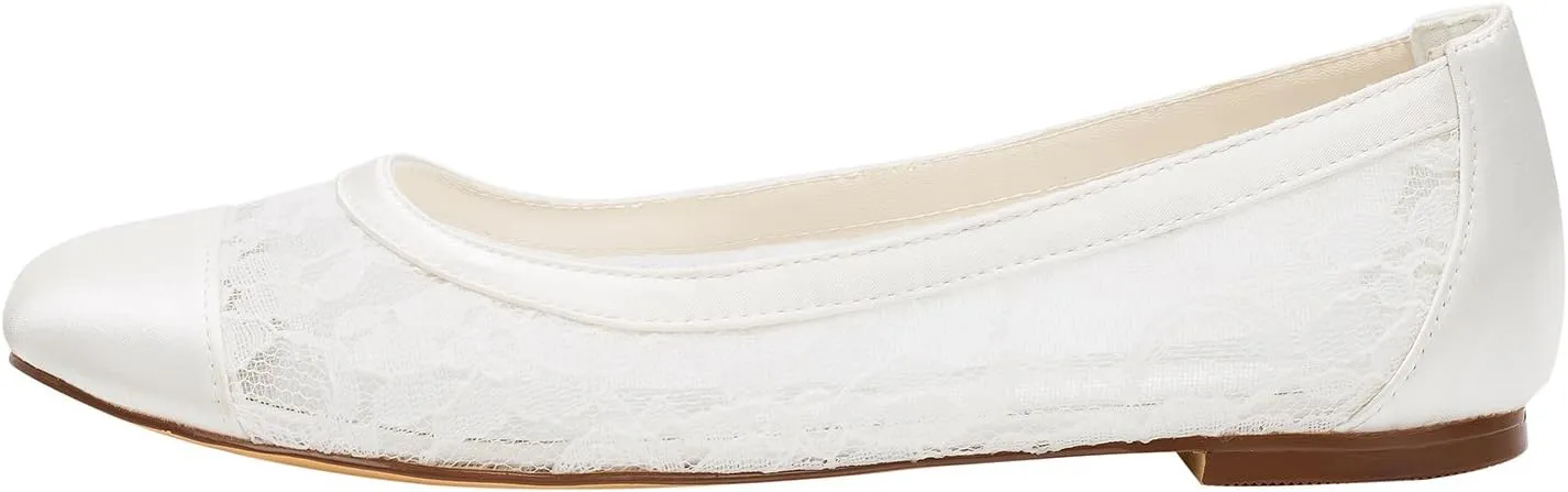 Emily Bridal Lace Wedding Shoes Flat Ivory Pumps Round Slip-on Bridal Shoes