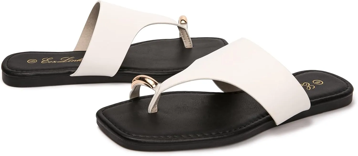 Eozlink Women's Slide Sandals Ring Toe Flat Sandals Slip On Sandals Open Toe Flip Flop Thong Sandals Casual Summer Beach Sandals