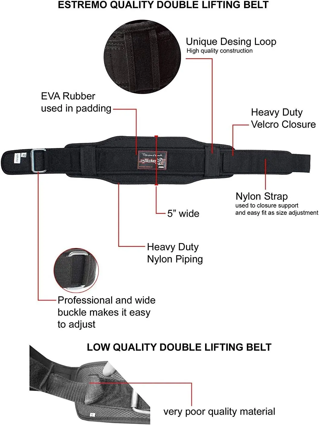 Estremo Men Women Weight Lifting Belt Locking Weights Back Support Neoprene Heavy Duty Core for Performance Powerlifting Squat, Lunges, Deadlift, Clean Thrusters 6 Inches Wide Lumbar Support for Weightlifting and Fitness