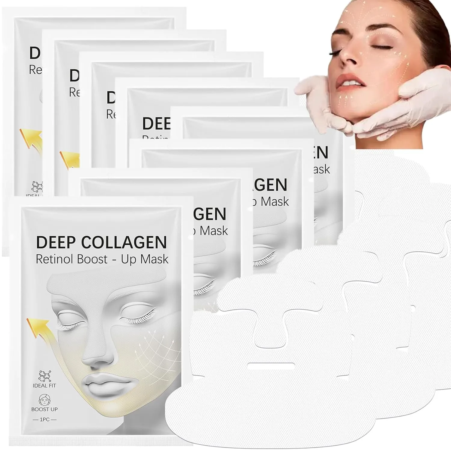 Facelift Collagen Mask - Korea's Face Waist Trainer, 3-In-1 Bluile Collagen Retinol Lift-Up Mask With Chin Strap, Facelift Deep-Collagen Retinol Tension Boost Up, V-Line Lift, Sculpt, Glow (8pcs)