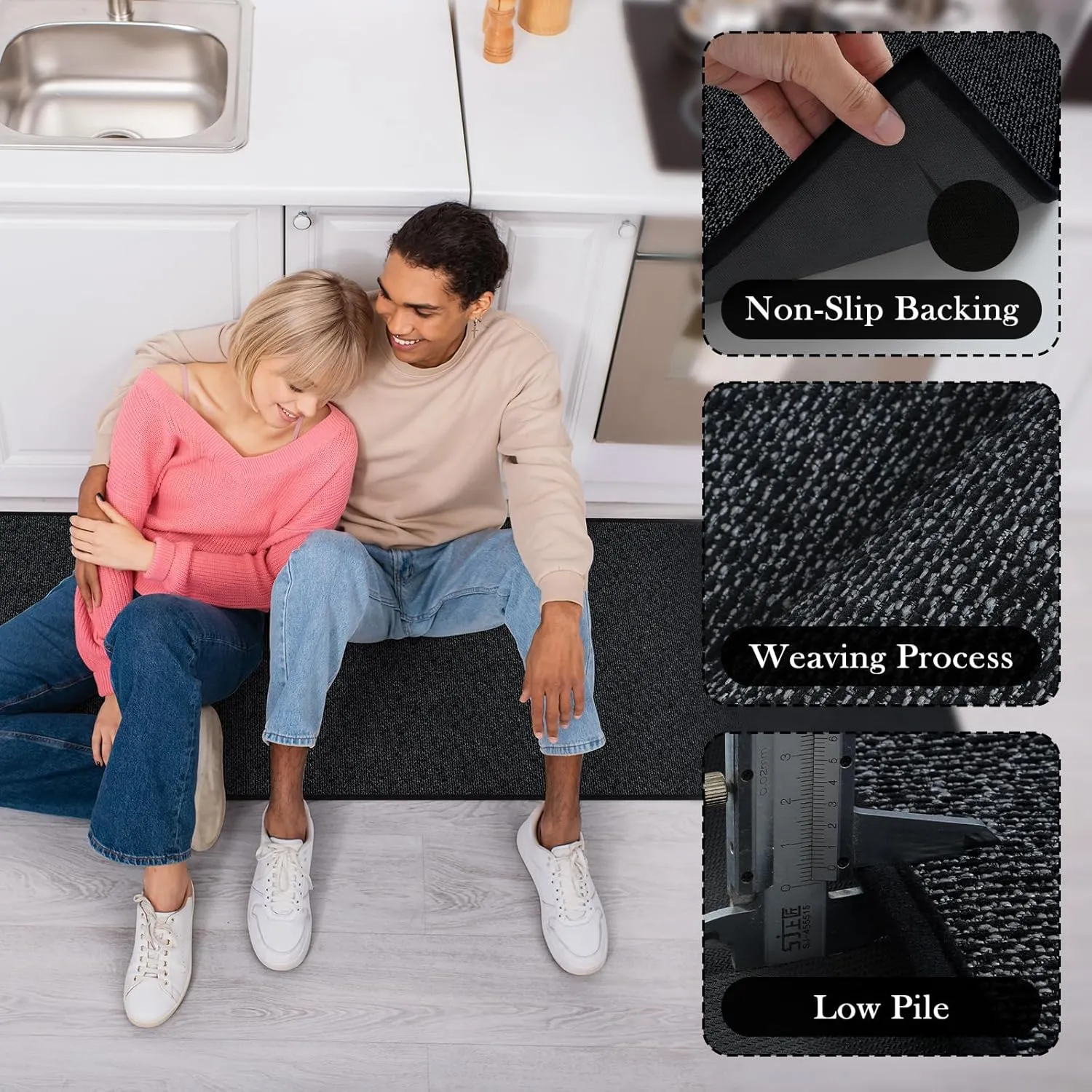Farmhouse Kitchen Runner Rugs Non Skid Washable Kitchen Mats for Floor 2 Piece, Absorbent Jute Rug for Kitchen Non Slip Carpet Runners for Hallways Sink Laundry Front Door(Black)