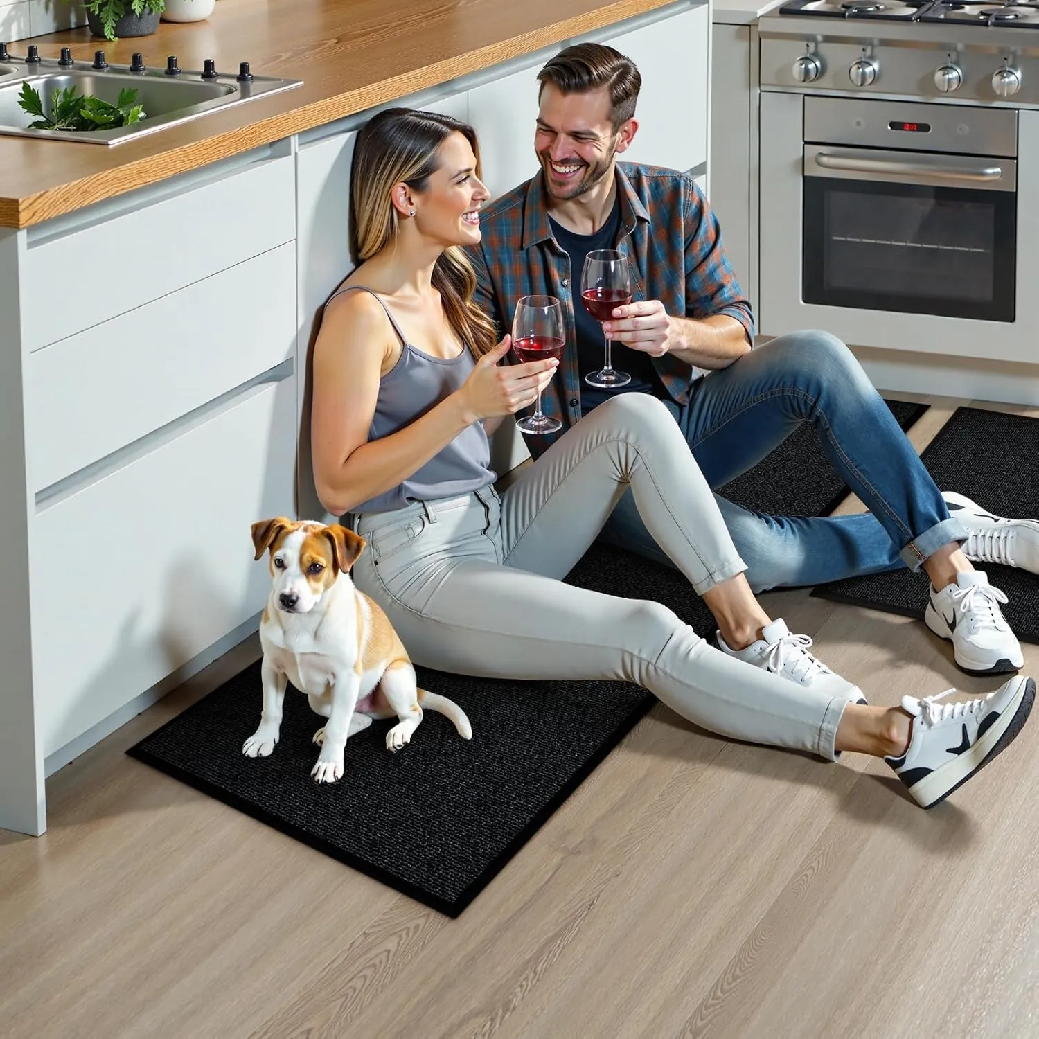 Farmhouse Kitchen Runner Rugs Non Skid Washable Kitchen Mats for Floor 2 Piece, Absorbent Jute Rug for Kitchen Non Slip Carpet Runners for Hallways Sink Laundry Front Door(Black)