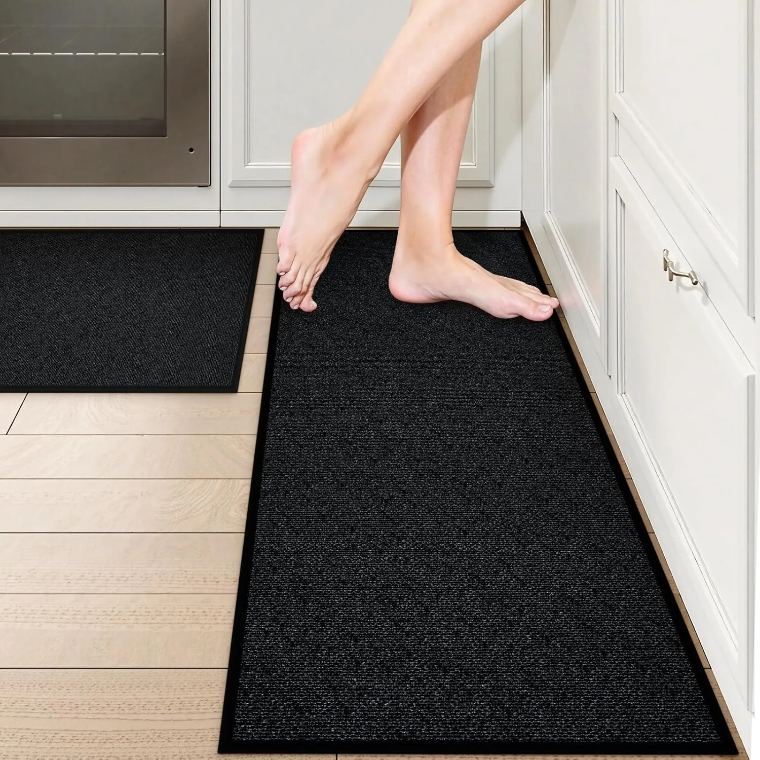 Farmhouse Kitchen Runner Rugs Non Skid Washable Kitchen Mats for Floor 2 Piece, Absorbent Jute Rug for Kitchen Non Slip Carpet Runners for Hallways Sink Laundry Front Door(Black)