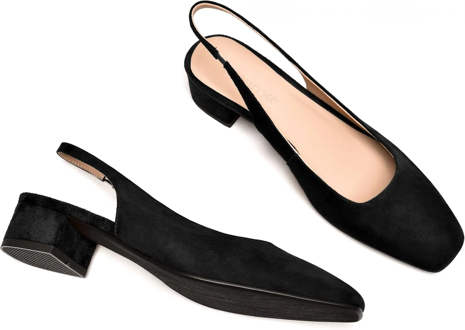 FEMSTEP Womens Dating Sexy Suede Leather Square Toe Slip On Slingback Chunky Low Heel Pumps Shoes 1.5 Inch