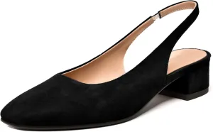 FEMSTEP Womens Dating Sexy Suede Leather Square Toe Slip On Slingback Chunky Low Heel Pumps Shoes 1.5 Inch
