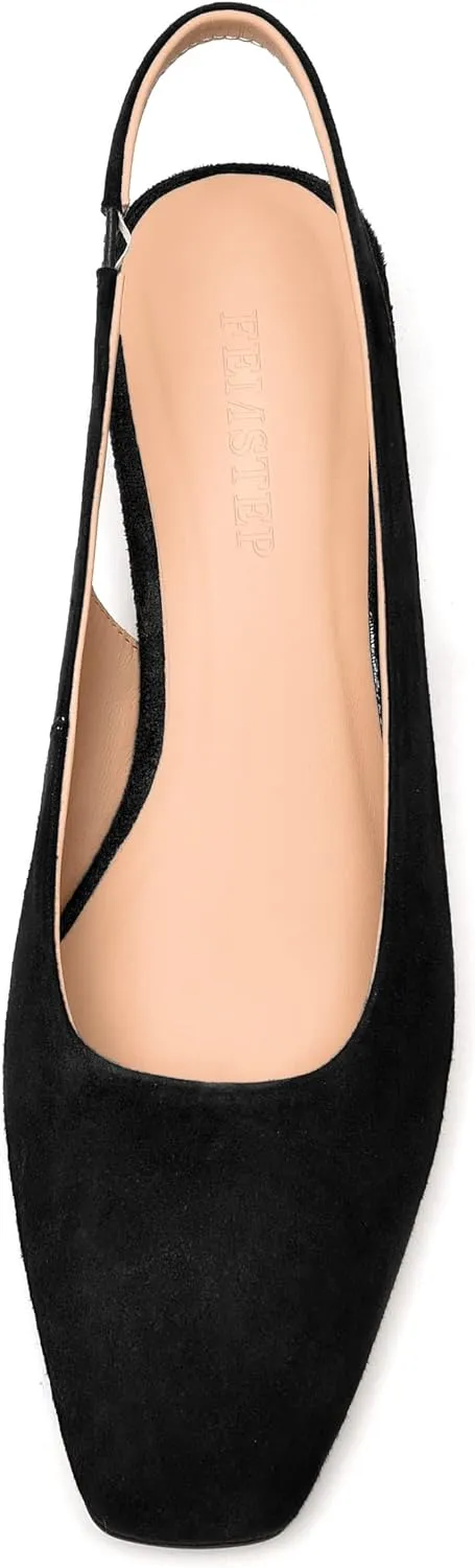 FEMSTEP Womens Dating Sexy Suede Leather Square Toe Slip On Slingback Chunky Low Heel Pumps Shoes 1.5 Inch