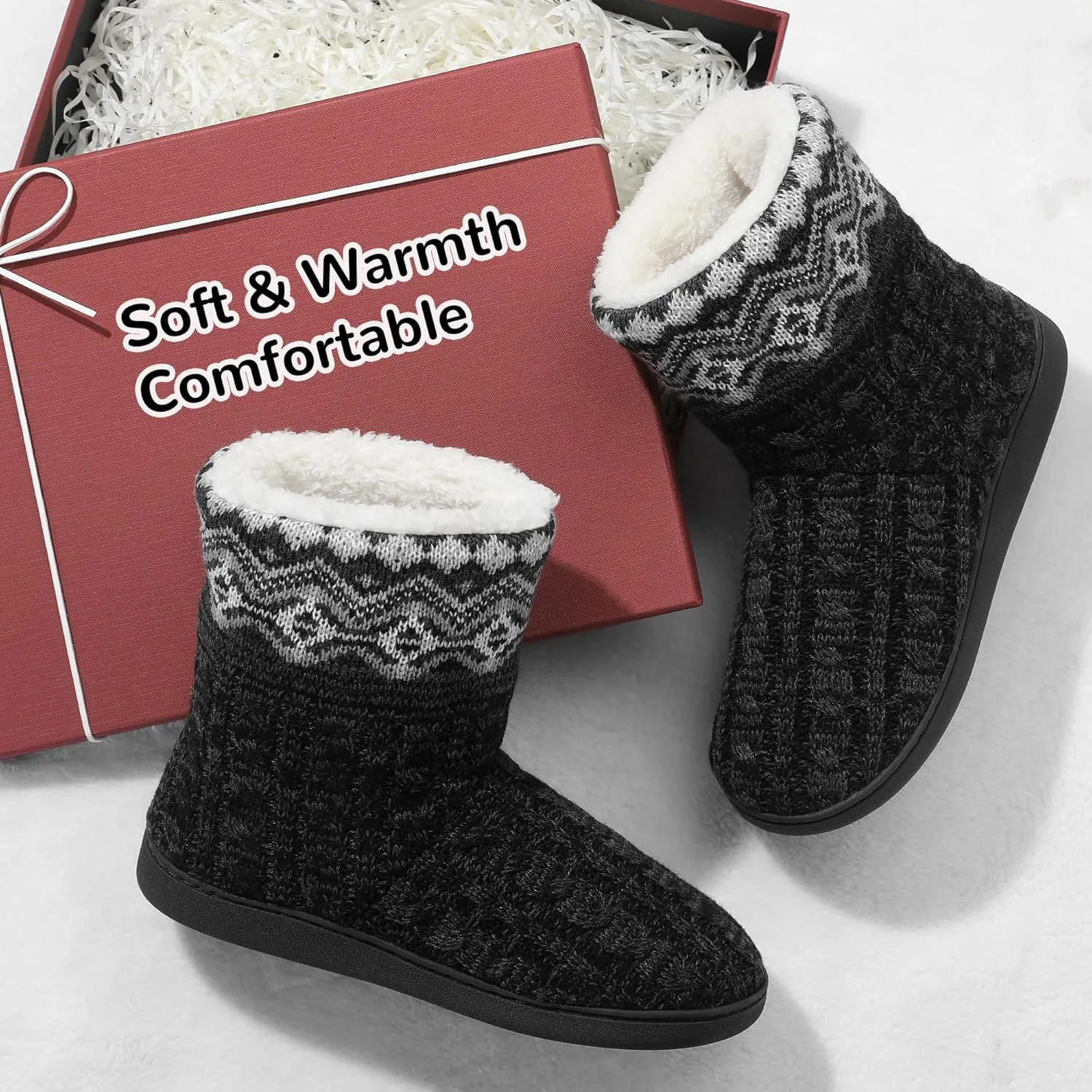 festooning Women's Warm Knit Ankle Boots Non-Slip Faux Fleece Bootie Slippers Comfy Winter Indoor House Slipper Outdoor Shoes