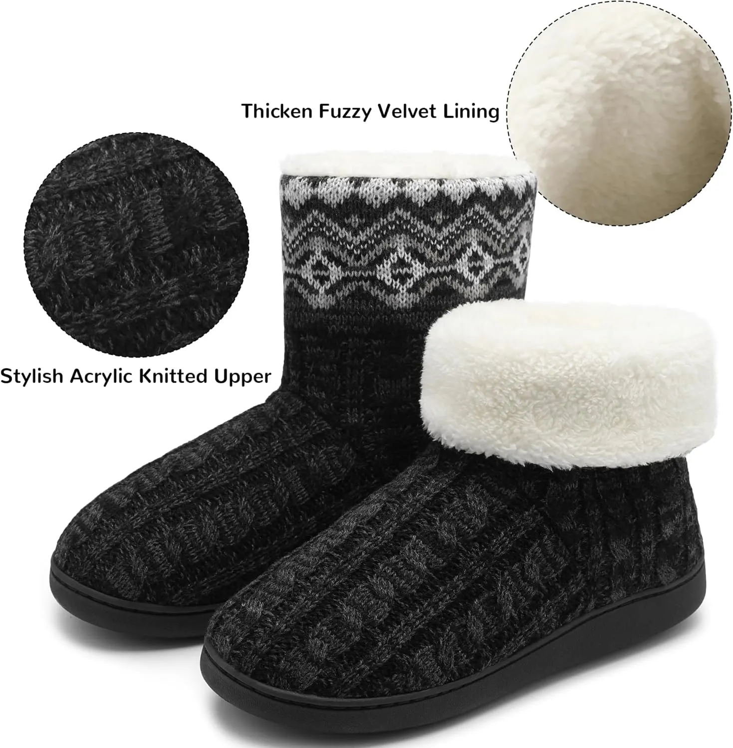 festooning Women's Warm Knit Ankle Boots Non-Slip Faux Fleece Bootie Slippers Comfy Winter Indoor House Slipper Outdoor Shoes