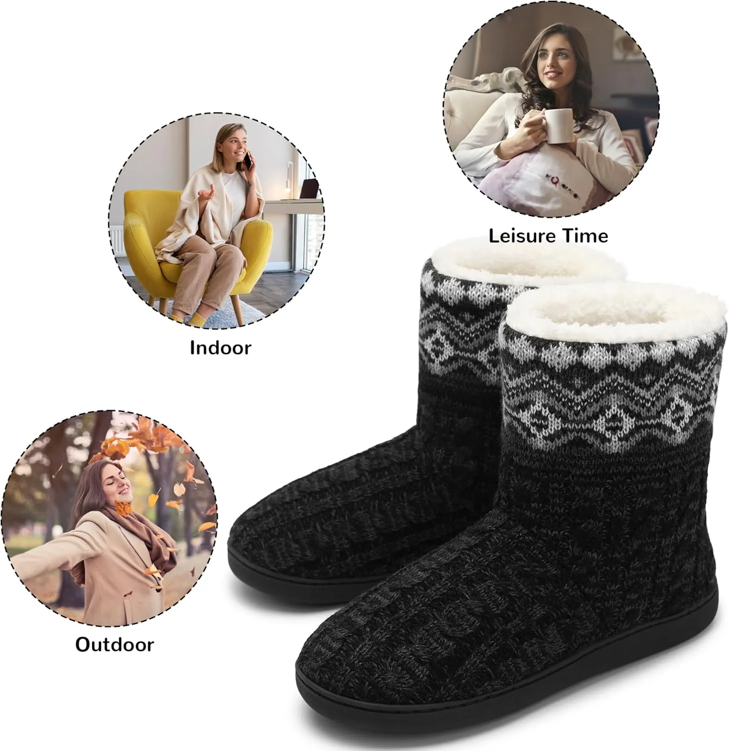 festooning Women's Warm Knit Ankle Boots Non-Slip Faux Fleece Bootie Slippers Comfy Winter Indoor House Slipper Outdoor Shoes
