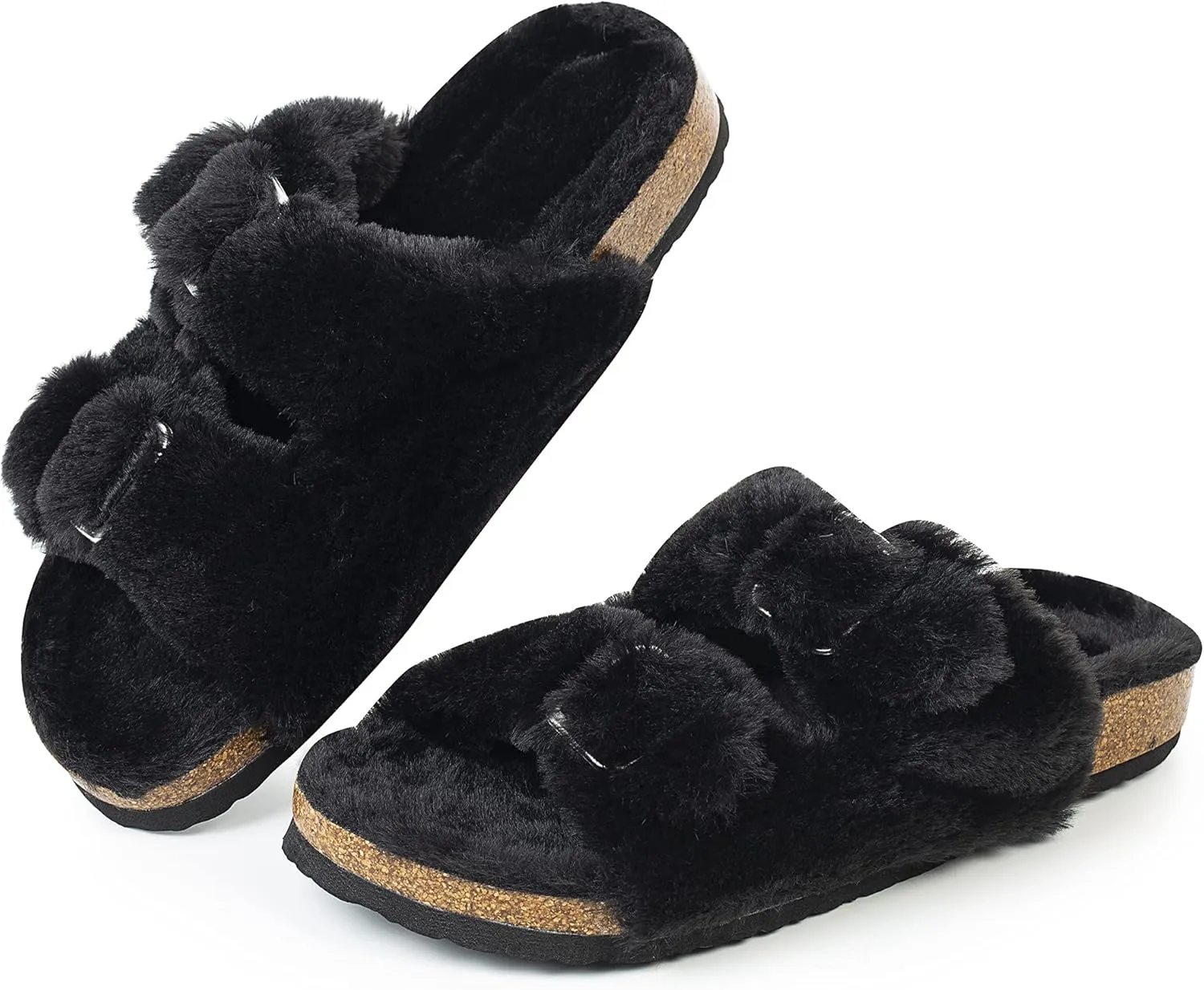 FITORY Womens Open Toe Slipper with Cozy Lining,Faux Rabbit Fur Cork Slide Sandals Size 6-11