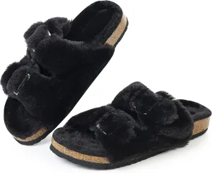 FITORY Womens Open Toe Slipper with Cozy Lining,Faux Rabbit Fur Cork Slide Sandals Size 6-11