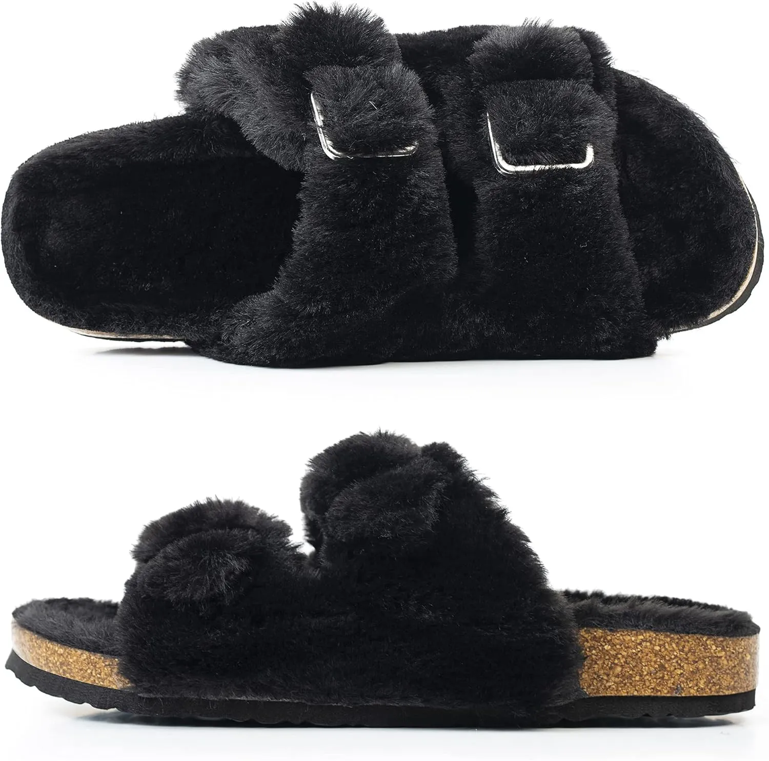 FITORY Womens Open Toe Slipper with Cozy Lining,Faux Rabbit Fur Cork Slide Sandals Size 6-11