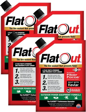 Flat Out Off Road Tire Sealant, Outdoor Power Equipment Formula, Prevents Flat Tires, Fix a Flat Tire, Seals Leaks, Contains Kevlar, 32 Ounce Bag, 4-Pack