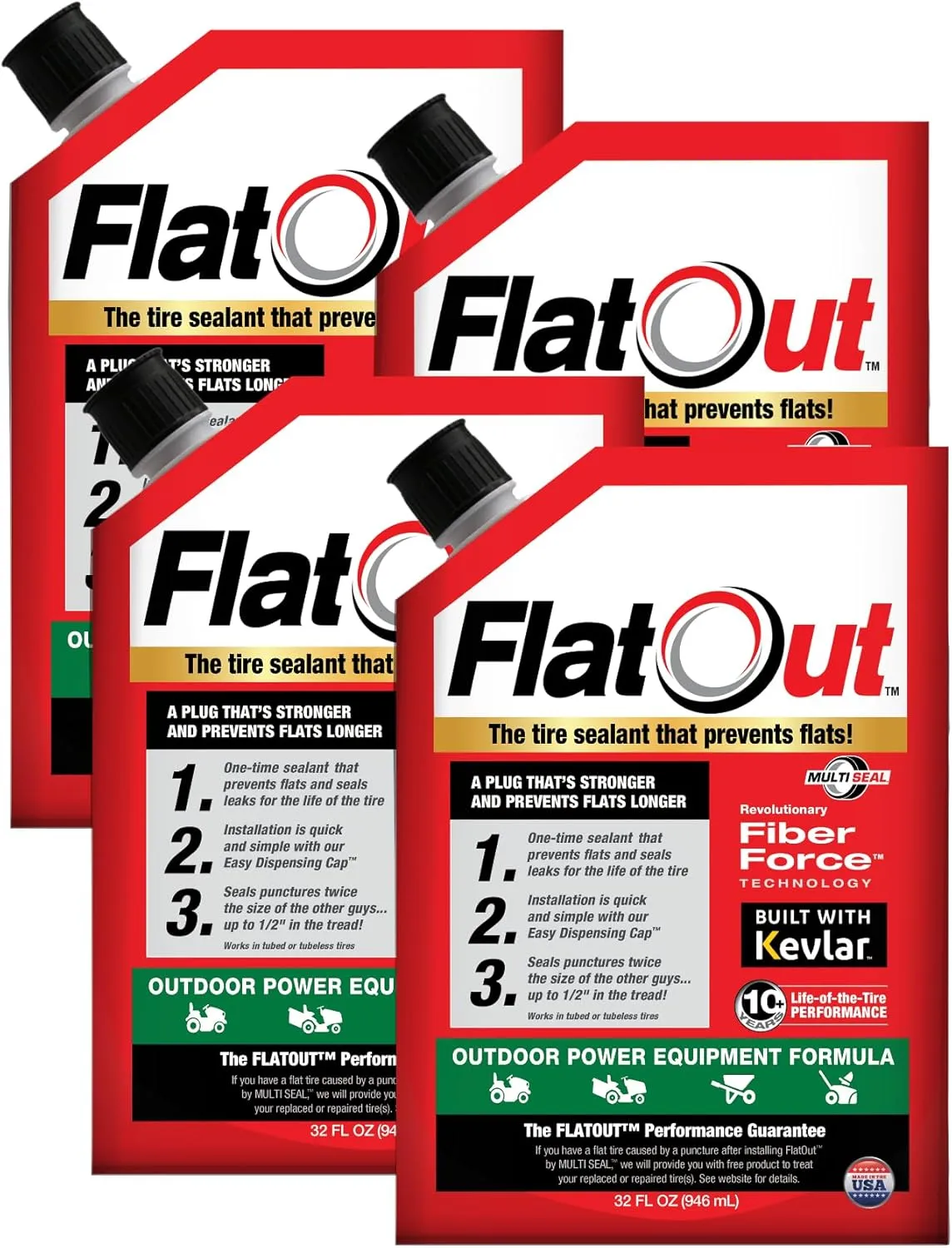 Flat Out Off Road Tire Sealant, Outdoor Power Equipment Formula, Prevents Flat Tires, Fix a Flat Tire, Seals Leaks, Contains Kevlar, 32 Ounce Bag, 4-Pack