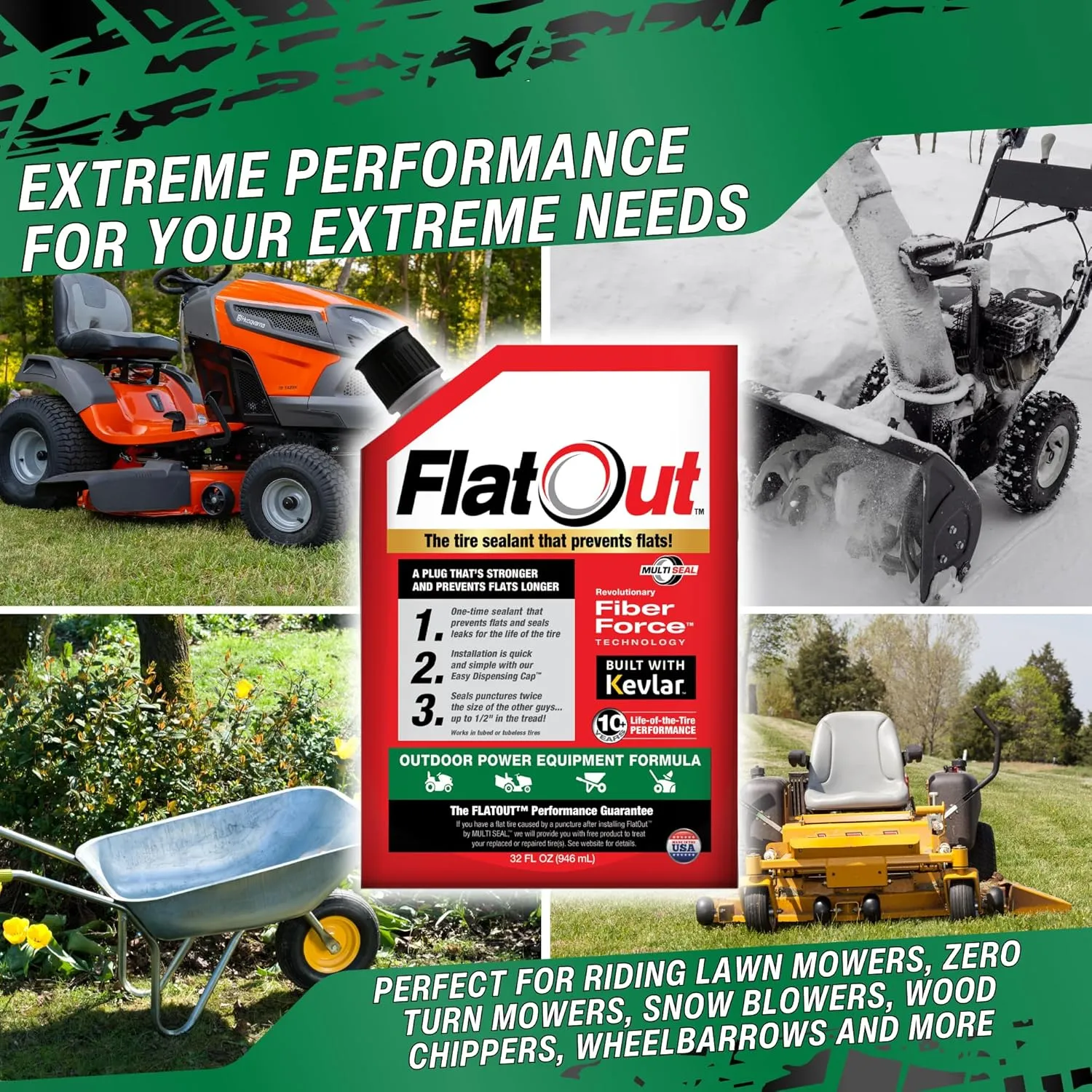 Flat Out Off Road Tire Sealant, Outdoor Power Equipment Formula, Prevents Flat Tires, Fix a Flat Tire, Seals Leaks, Contains Kevlar, 32 Ounce Bag, 4-Pack