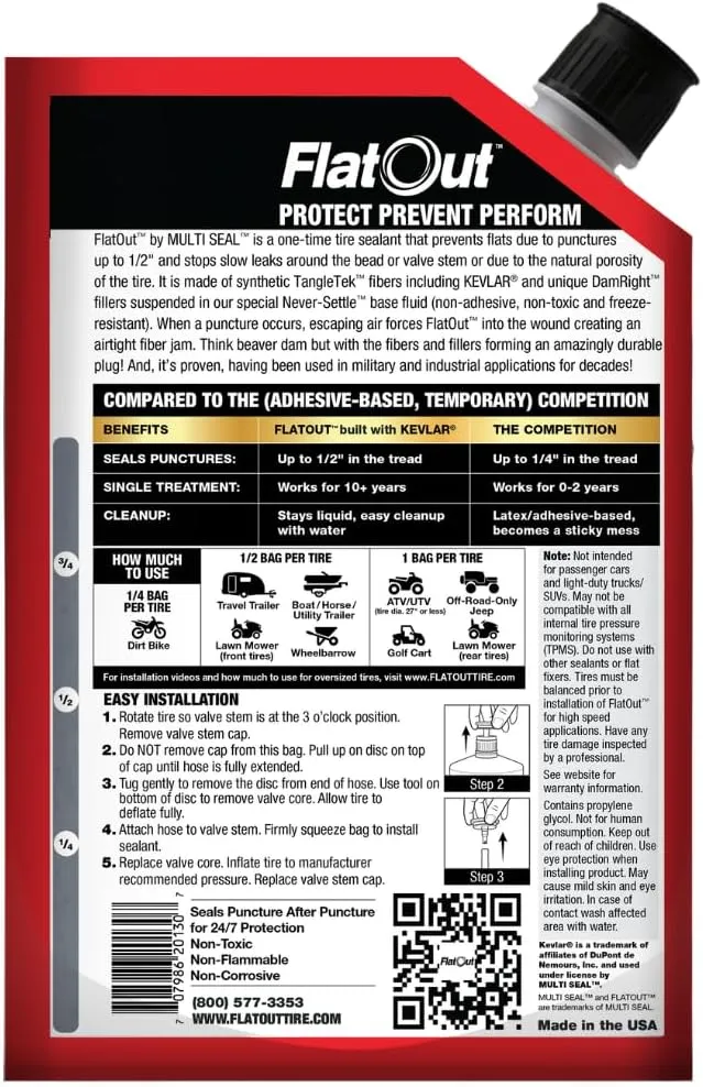 Flat Out Off Road Tire Sealant, Outdoor Power Equipment Formula, Prevents Flat Tires, Fix a Flat Tire, Seals Leaks, Contains Kevlar, 32 Ounce Bag, 4-Pack