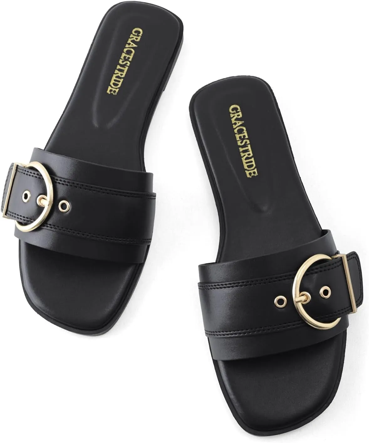 Flat Sandals for Women Fashion Square Open Toe Slip On Slides Sandals Summer