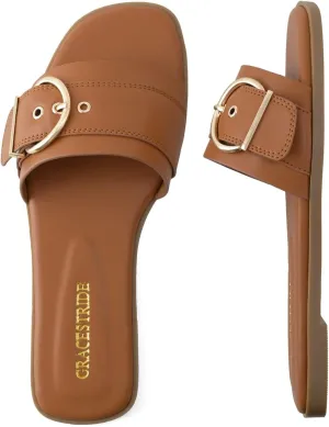 Flat Sandals for Women Fashion Square Open Toe Slip On Slides Sandals Summer