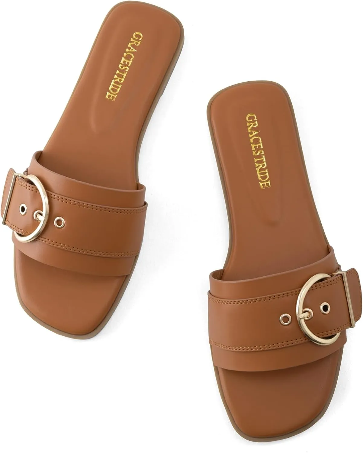 Flat Sandals for Women Fashion Square Open Toe Slip On Slides Sandals Summer