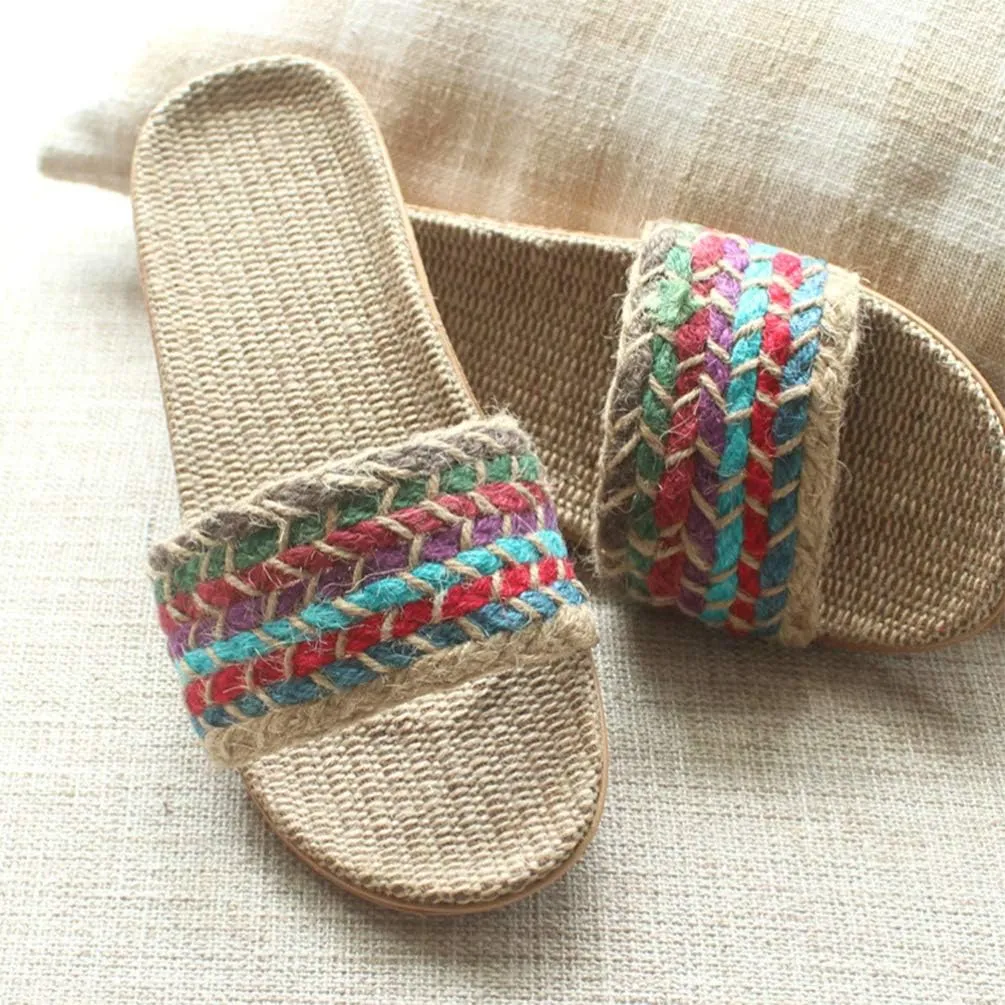 Flax Linen Slippers - Open Toe Bohemian Style Summer Beach Sandals - Vintage Non-Slip Slippers for Woman (6US, 3.5UK, 36.5EU)
