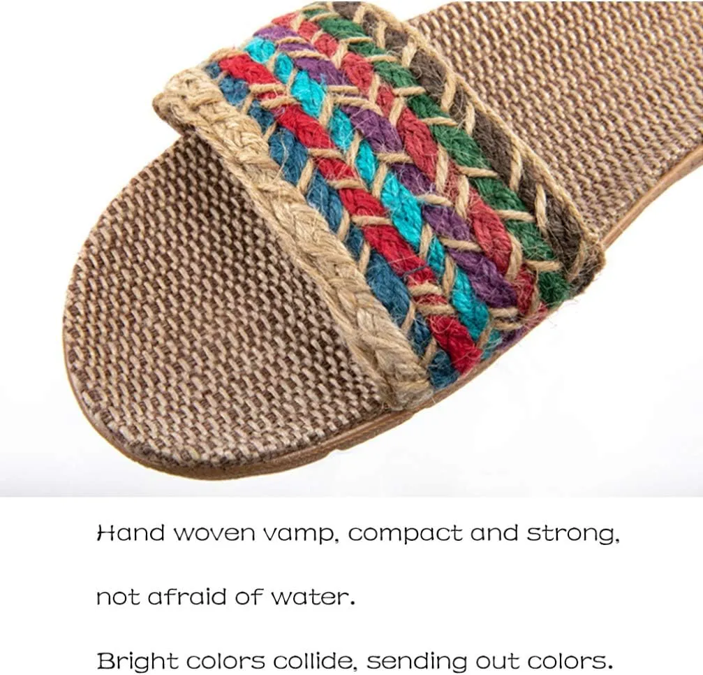 Flax Linen Slippers - Open Toe Bohemian Style Summer Beach Sandals - Vintage Non-Slip Slippers for Woman (6US, 3.5UK, 36.5EU)