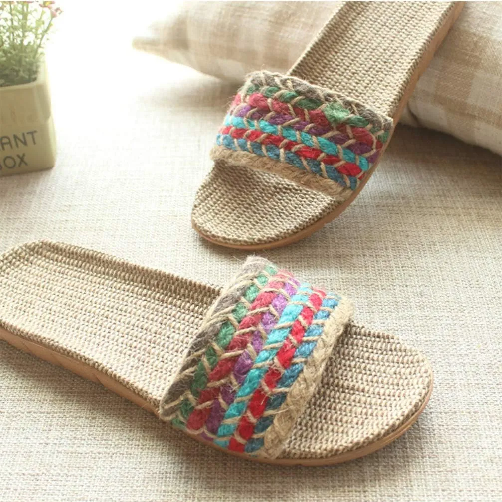 Flax Linen Slippers - Open Toe Bohemian Style Summer Beach Sandals - Vintage Non-Slip Slippers for Woman (6US, 3.5UK, 36.5EU)