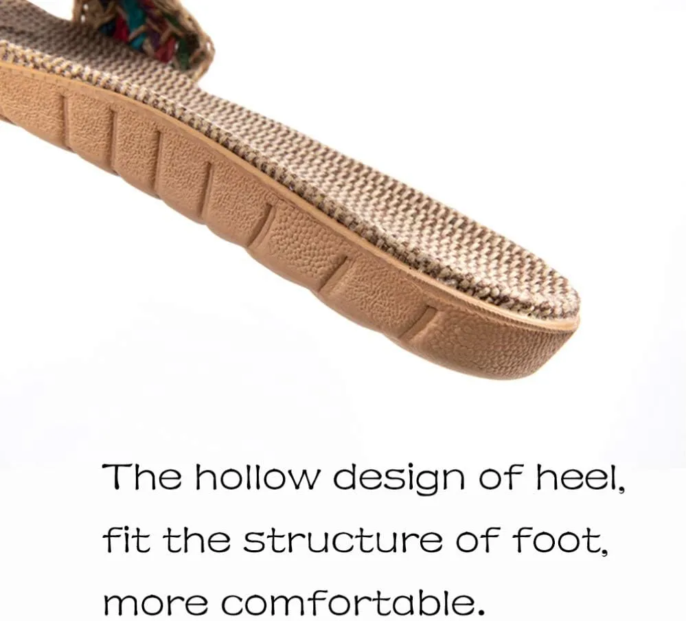 Flax Linen Slippers - Open Toe Bohemian Style Summer Beach Sandals - Vintage Non-Slip Slippers for Woman (6US, 3.5UK, 36.5EU)
