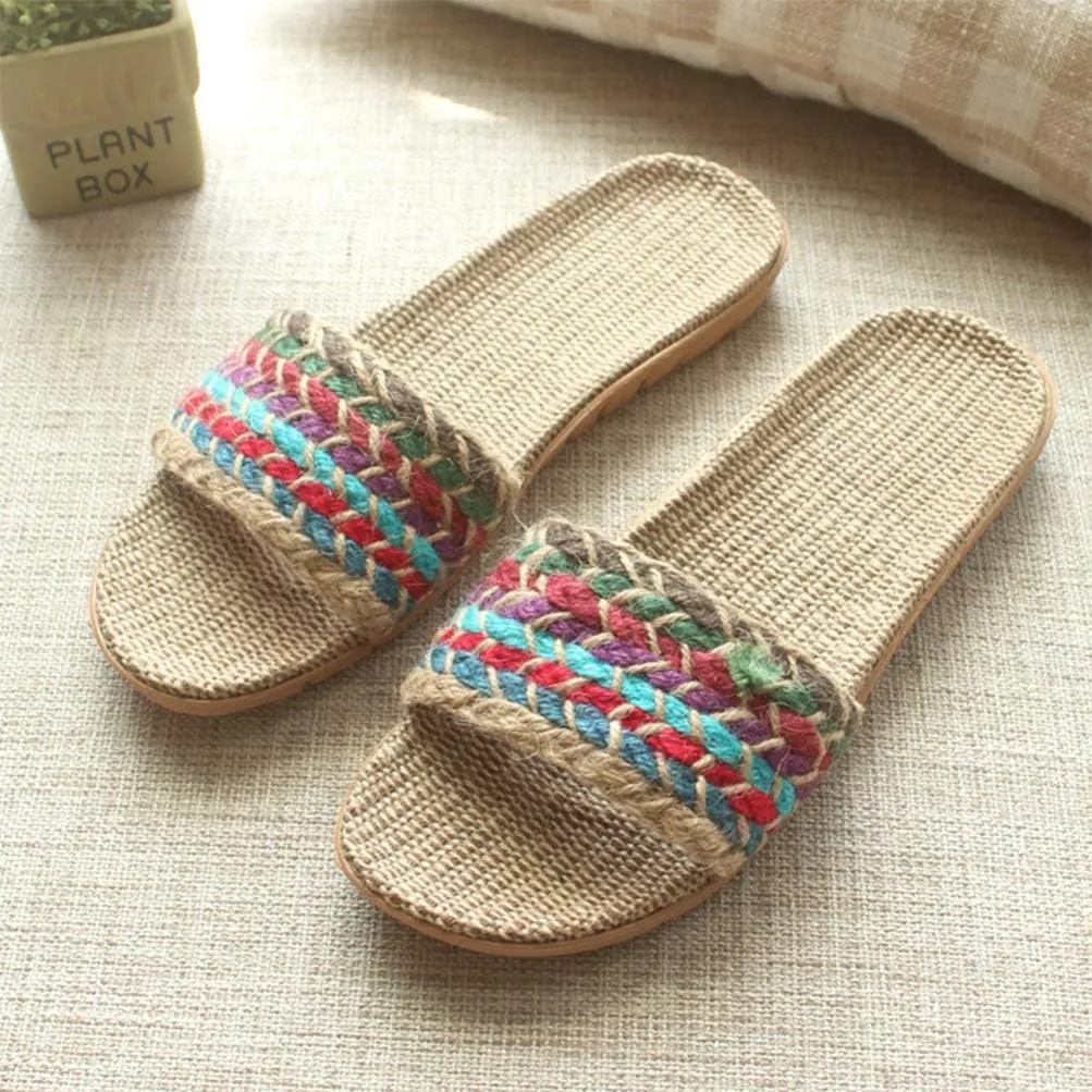 Flax Linen Slippers - Open Toe Bohemian Style Summer Beach Sandals - Vintage Non-Slip Slippers for Woman (6US, 3.5UK, 36.5EU)