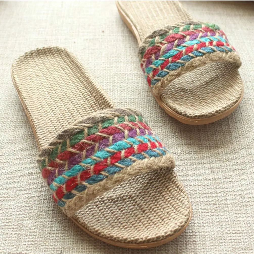 Flax Linen Slippers - Open Toe Bohemian Style Summer Beach Sandals - Vintage Non-Slip Slippers for Woman (6US, 3.5UK, 36.5EU)
