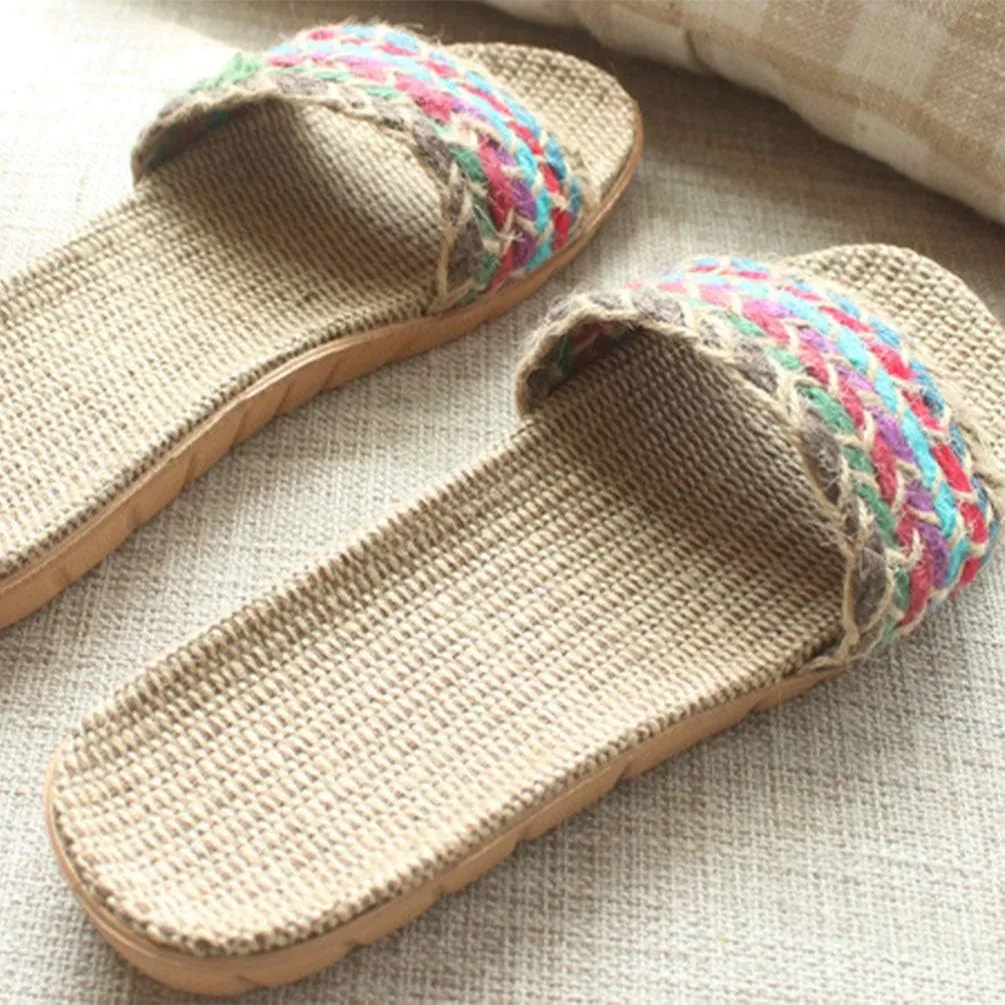 Flax Linen Slippers - Open Toe Bohemian Style Summer Beach Sandals - Vintage Non-Slip Slippers for Woman (6US, 3.5UK, 36.5EU)