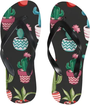 Flip Flops Cactus Floral Flowers Green Black Watercolor Vintage Slide Sandals Summer Beach Slippers Thong Sandal Casual Yoga Mat Flat Slides for Women Men