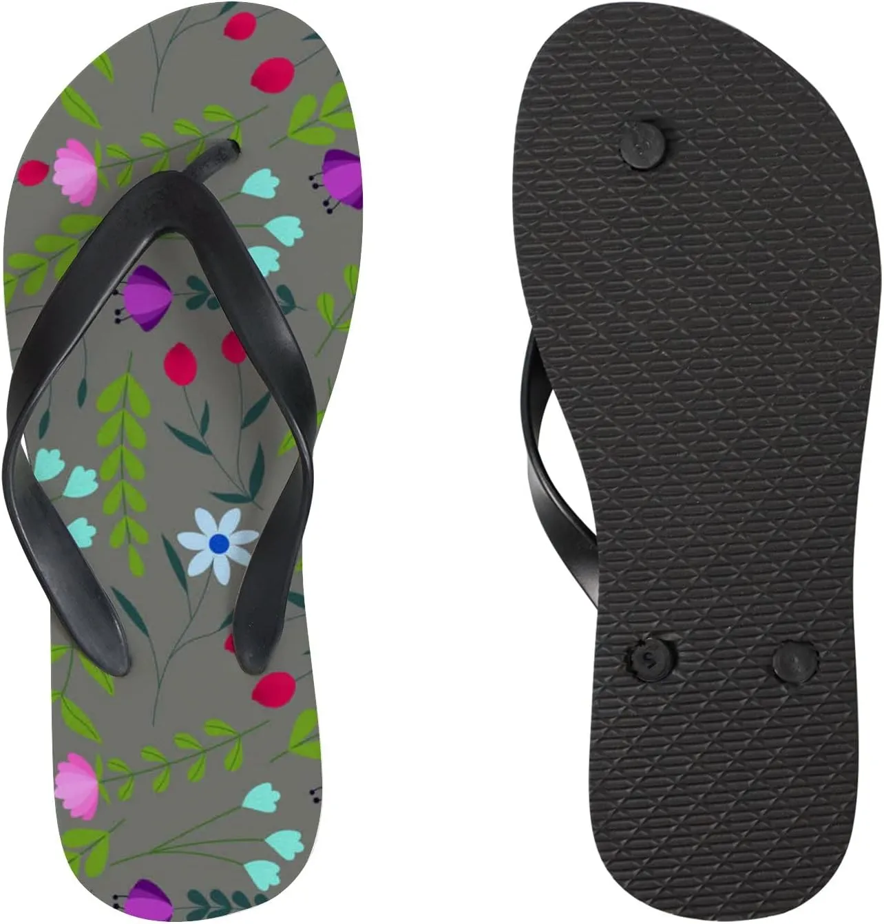 Flip Flops Floral Flowers Leaves Grey Slide Sandals Summer Beach Slippers Thong Sandal Casual Yoga Mat Flat Slides for Women Men