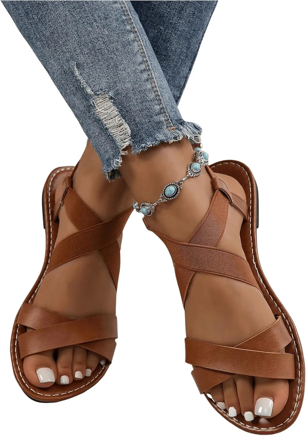 Floerns Women's Flat Sandal Criss Cross Ankle Strap Leather Slip on Summer Shoes