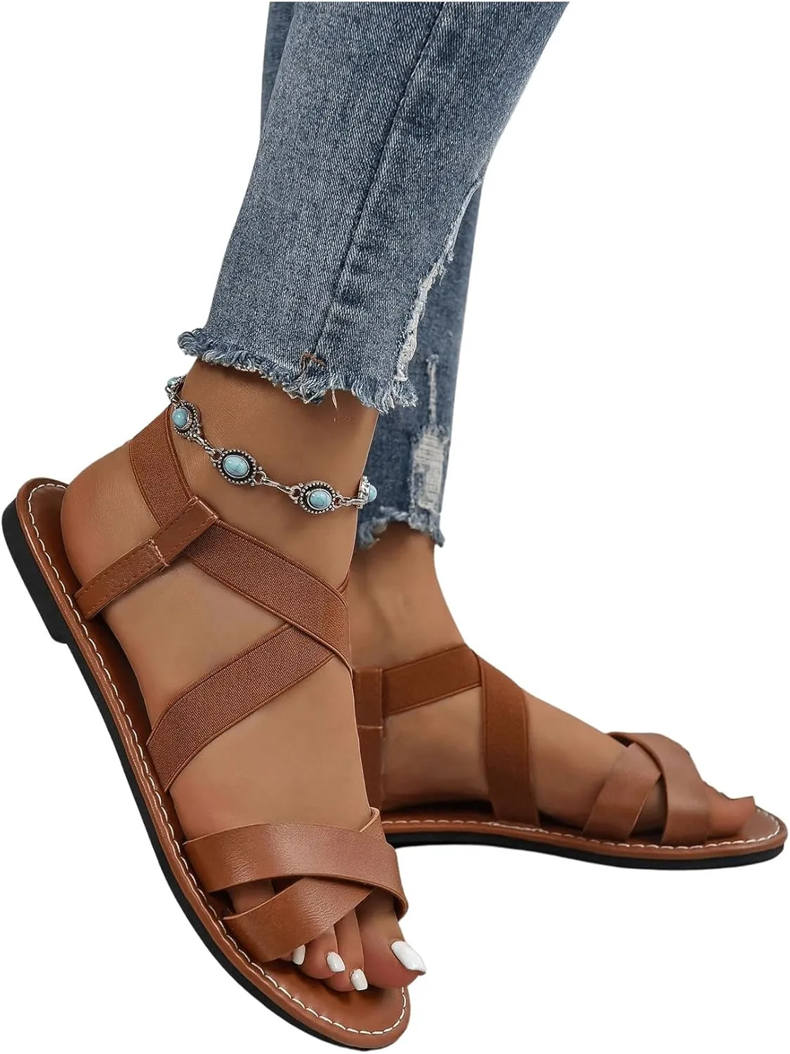 Floerns Women's Flat Sandal Criss Cross Ankle Strap Leather Slip on Summer Shoes