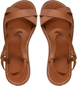 Floerns Women's Flat Sandal Criss Cross Ankle Strap Leather Slip on Summer Shoes