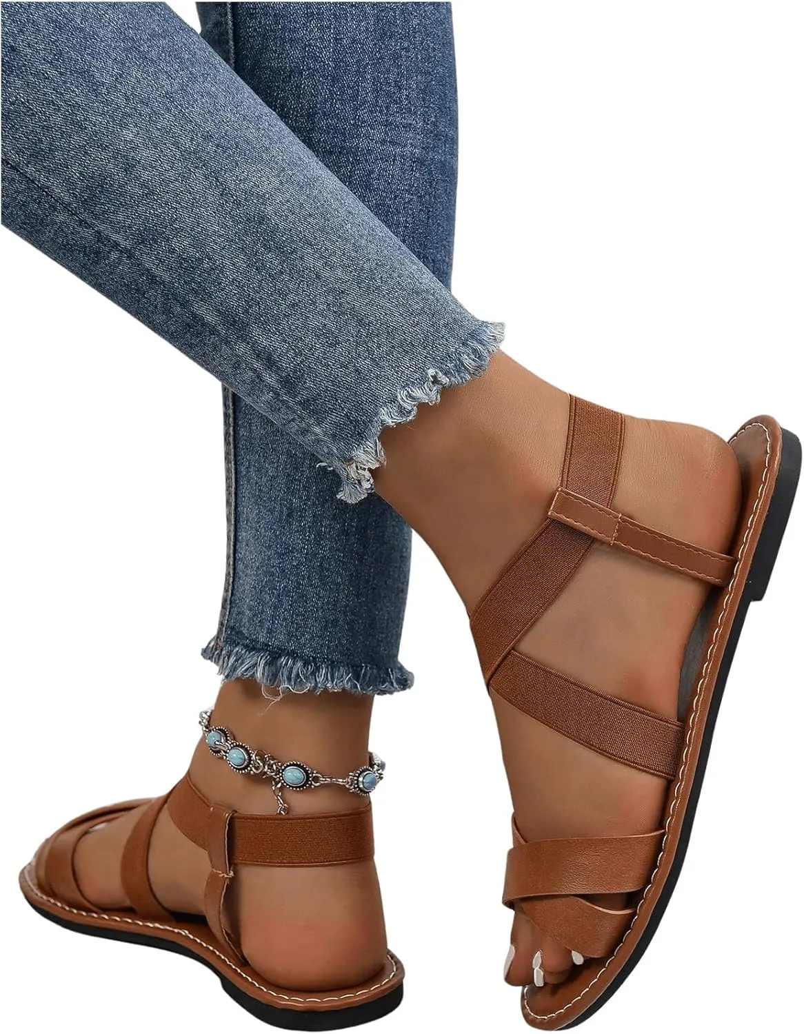 Floerns Women's Flat Sandal Criss Cross Ankle Strap Leather Slip on Summer Shoes