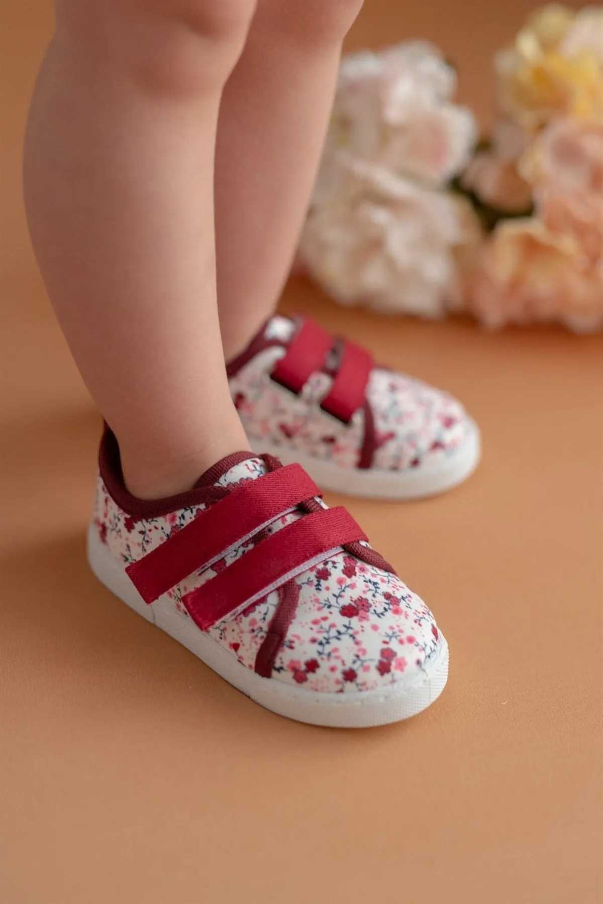 Floral Patterned Double Velcro Linen Children's Sports Shoes-burgundy-f-498
