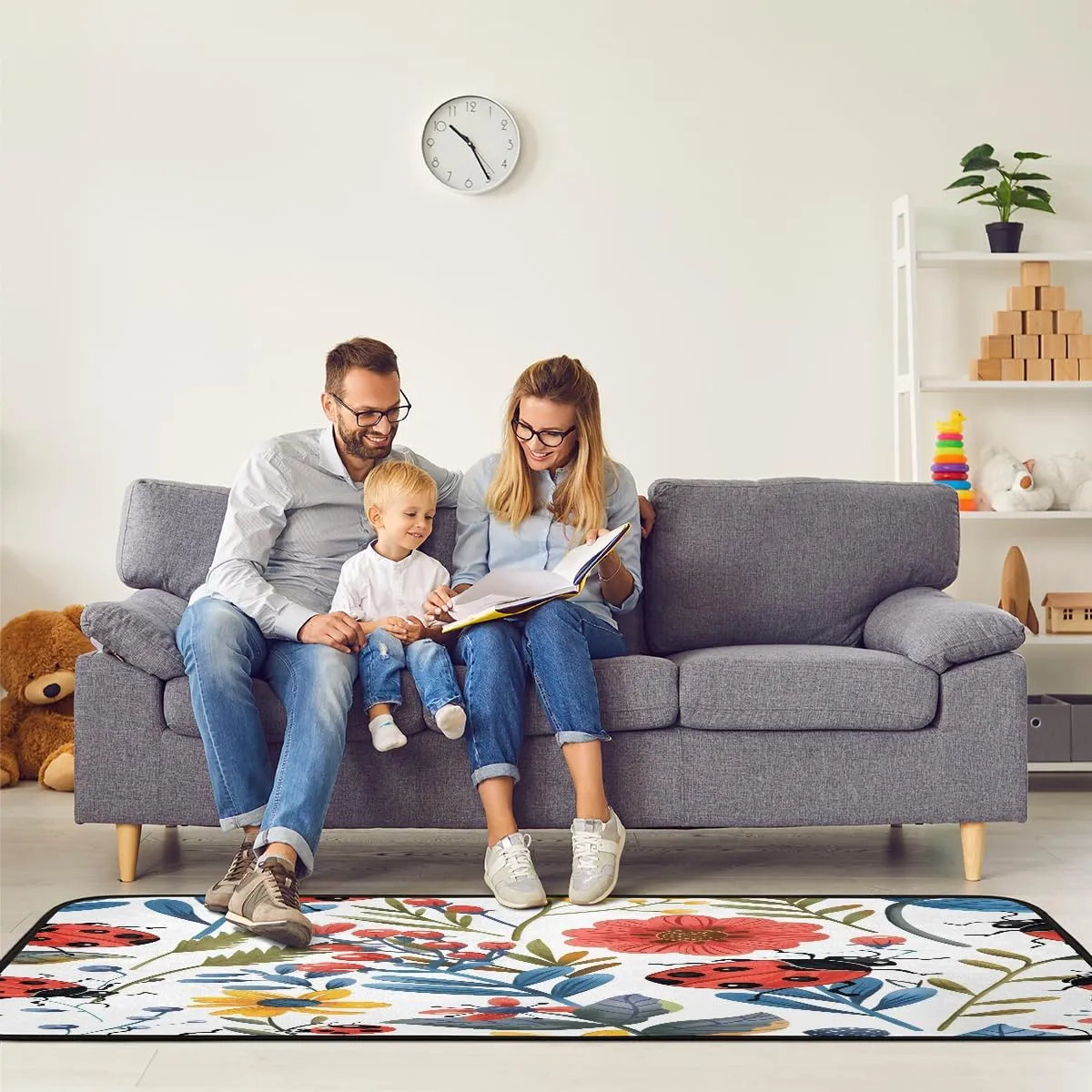 Floral Runner Rug 2ft x 6ft Washable Laundry Rug, Non Slip Hallway Entryway Mat, Spring Summer Wildflower Ladybugs Area Carpet Runner for Bathroom Bedroom Living Room Kitchen