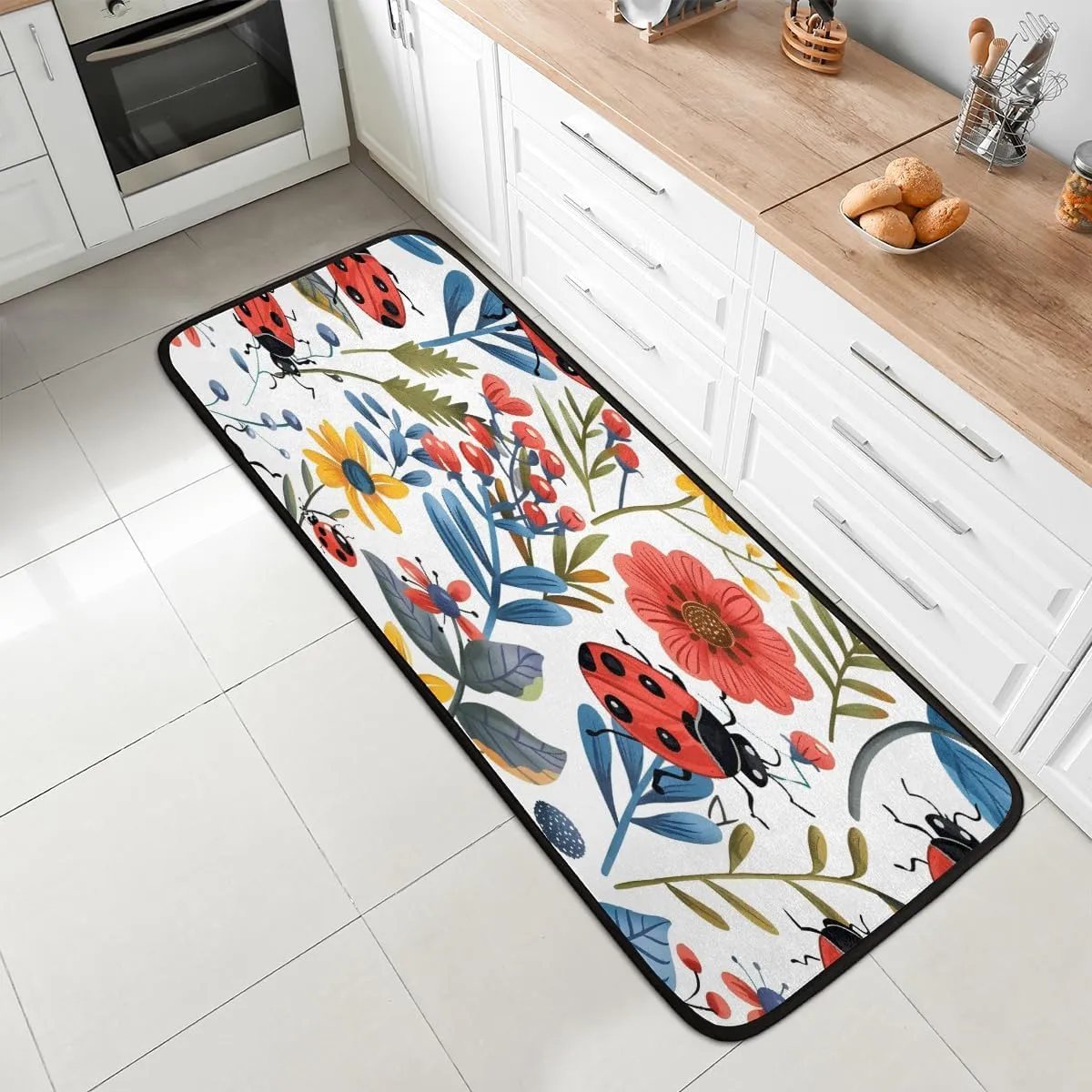 Floral Runner Rug 2ft x 6ft Washable Laundry Rug, Non Slip Hallway Entryway Mat, Spring Summer Wildflower Ladybugs Area Carpet Runner for Bathroom Bedroom Living Room Kitchen