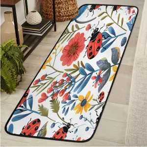Floral Runner Rug 2ft x 6ft Washable Laundry Rug, Non Slip Hallway Entryway Mat, Spring Summer Wildflower Ladybugs Area Carpet Runner for Bathroom Bedroom Living Room Kitchen