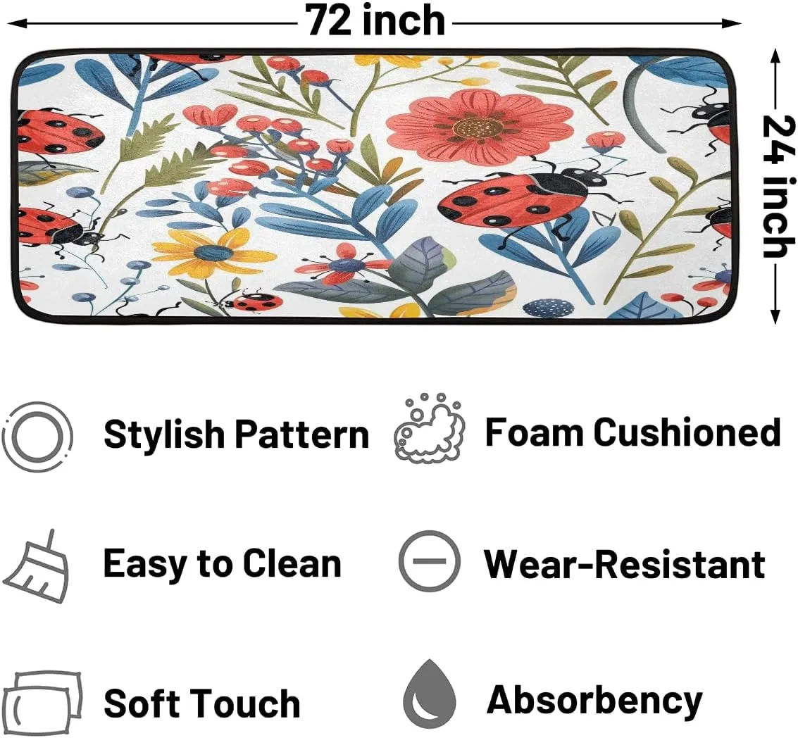 Floral Runner Rug 2ft x 6ft Washable Laundry Rug, Non Slip Hallway Entryway Mat, Spring Summer Wildflower Ladybugs Area Carpet Runner for Bathroom Bedroom Living Room Kitchen