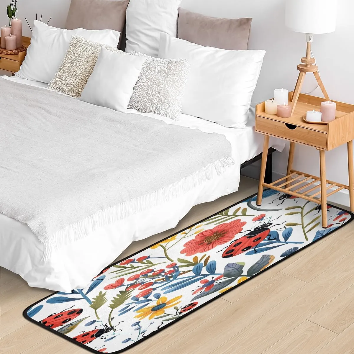Floral Runner Rug 2ft x 6ft Washable Laundry Rug, Non Slip Hallway Entryway Mat, Spring Summer Wildflower Ladybugs Area Carpet Runner for Bathroom Bedroom Living Room Kitchen