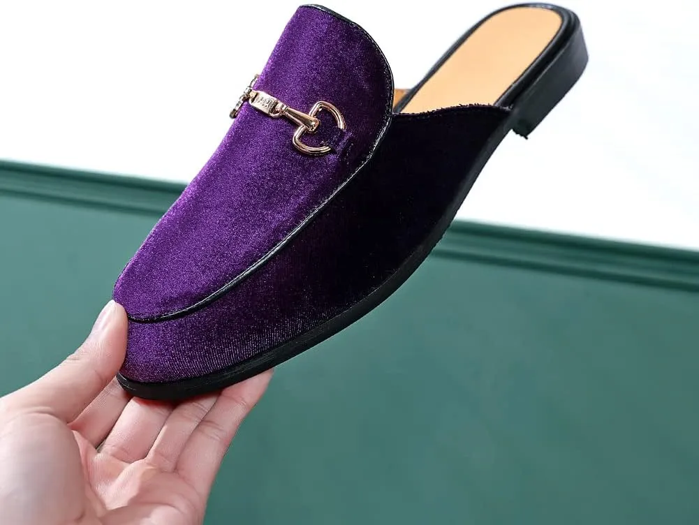 FLQL Mens Shoes Luxury Velvet Gold Buckle Slip-on Penny Loafers Casual Smoking Slippers Indoor Outdoor Sandals Black Size 7-13
