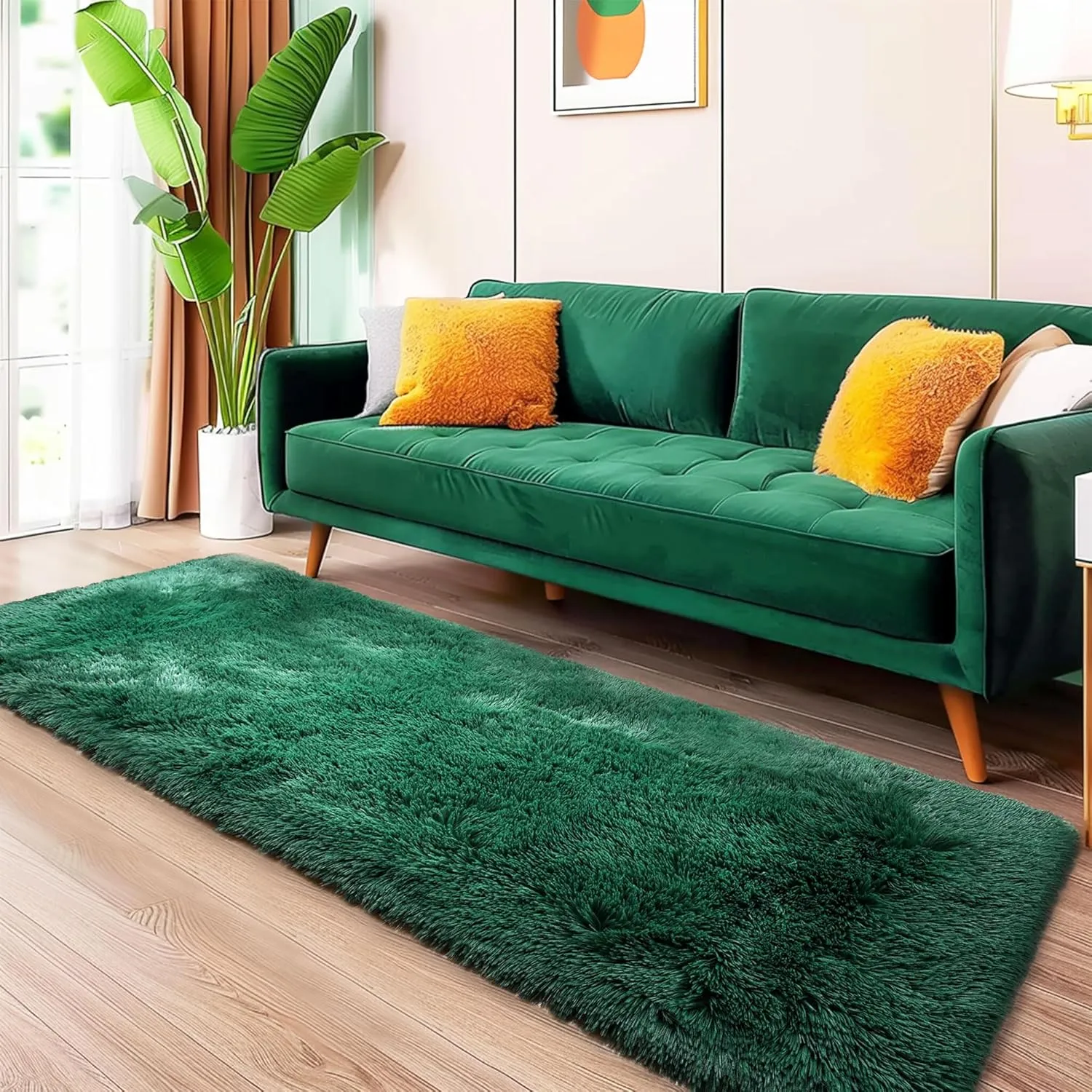 Fluffy Runner Rugs for Bedroom 2x4, Emerald Green Runner for Hallway Non-Slip, Shaggy Fuzzy Bedroom Rug Room Decor