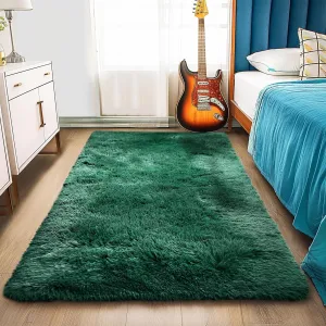 Fluffy Runner Rugs for Bedroom 2x4, Emerald Green Runner for Hallway Non-Slip, Shaggy Fuzzy Bedroom Rug Room Decor