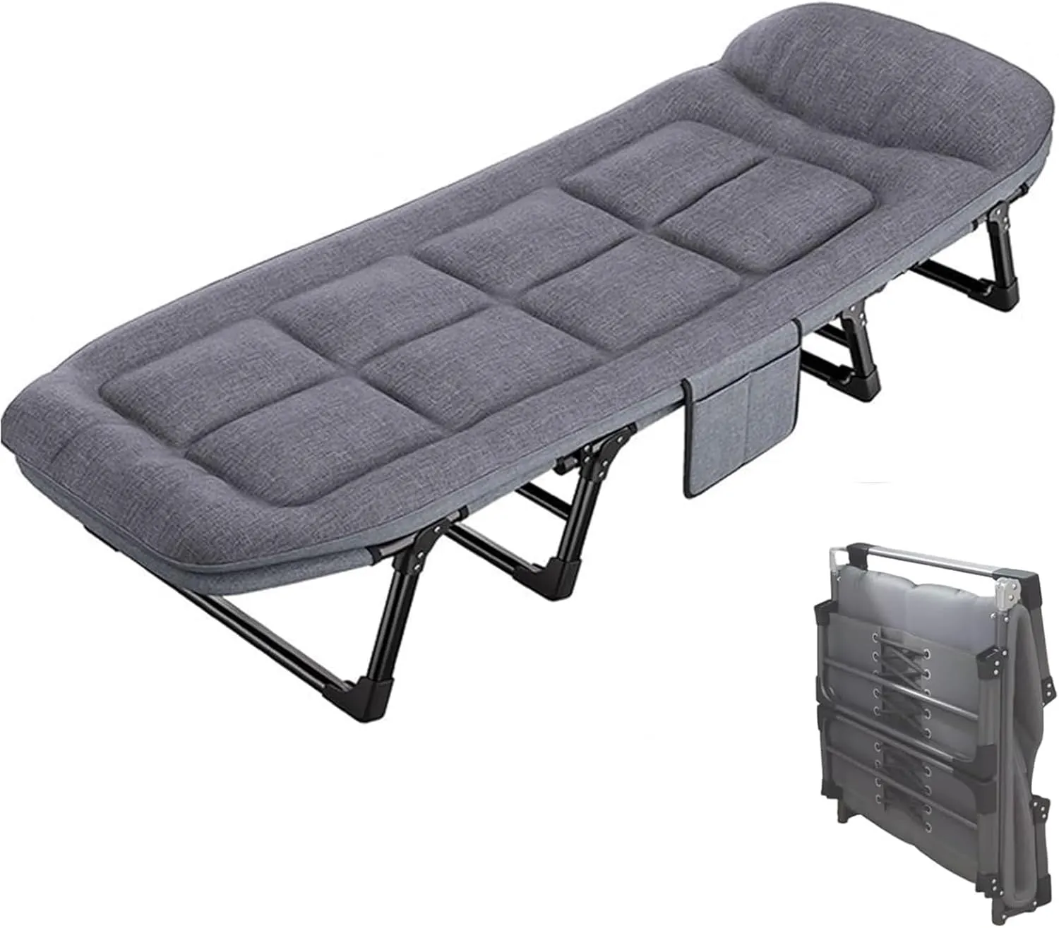 Folding Camping Cot with Mattress, 6-Speed Adjustment, 8 Support Points at The Bottom, Side Storage Bag, Can Sit, Lean Or Lie Down, Easy to Store, 170x55x25CM
