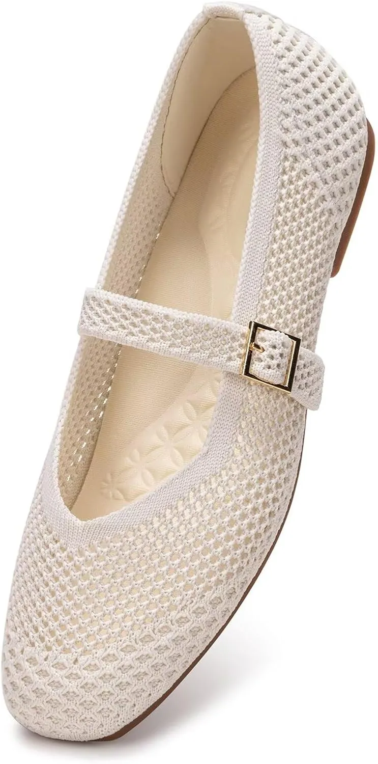 Frank Mully Womens Casual Flat Shoes Square Toe Shoes Knitted Mesh Flat Comfort Work Flat Shoes for Daily Washable